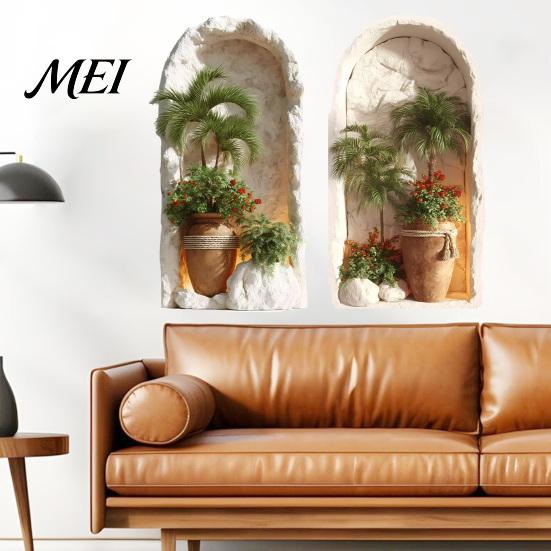 Modern Minimalist Room Accents 2Pcs 3D Tropical Plant Wall Sticker for Home Decor, Arched Niche Window Decal, Non Fading Murals Bathroom Realistic PVC