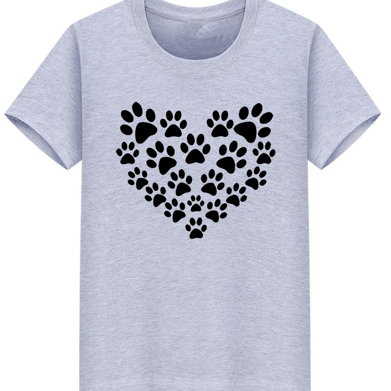 Cotton 100% Women's Heart-shaped Dog Footprints Fun Print Dog Lover Round Neck Short Sleeve Sport T-shirt Tops Harajuku