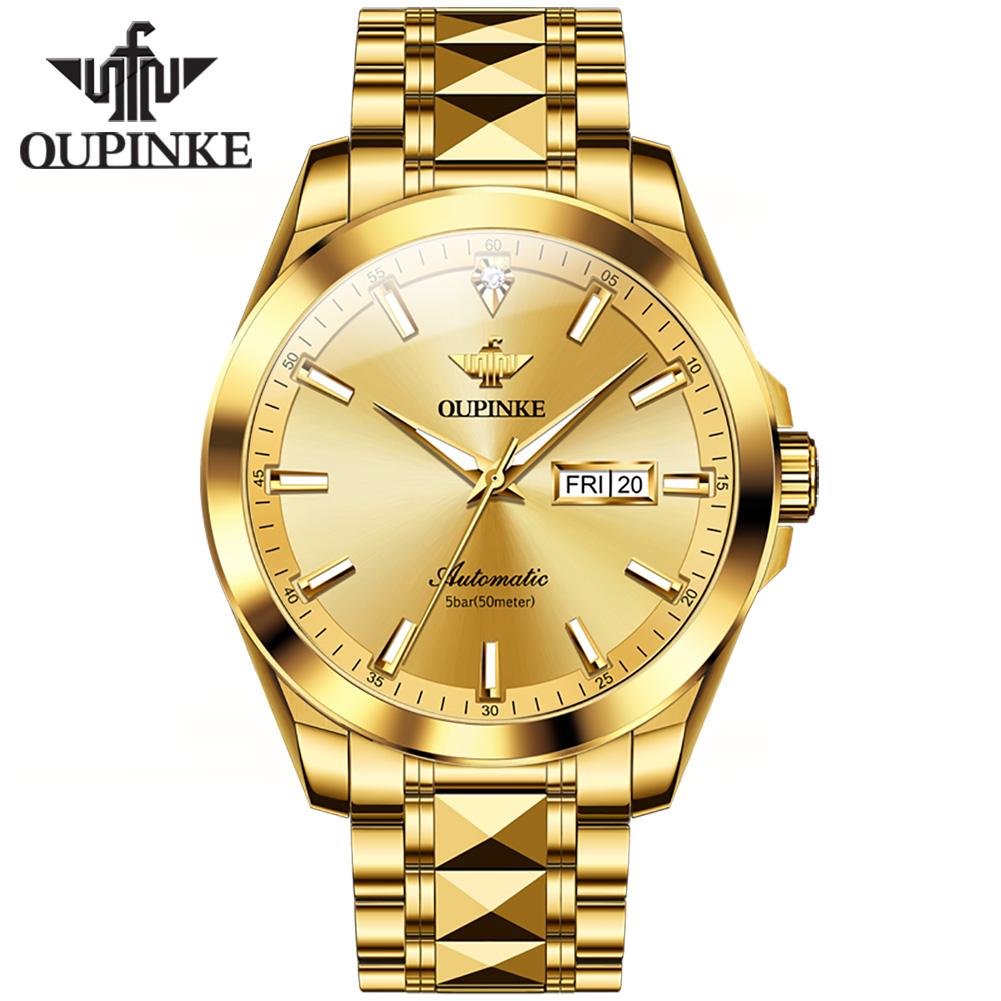 OUPINKE Новые мужские часы для бизнеса и отдыха, автоматические механические часы с двойным календарем, водонепроницаемые высококачественные часы с бриллиантами