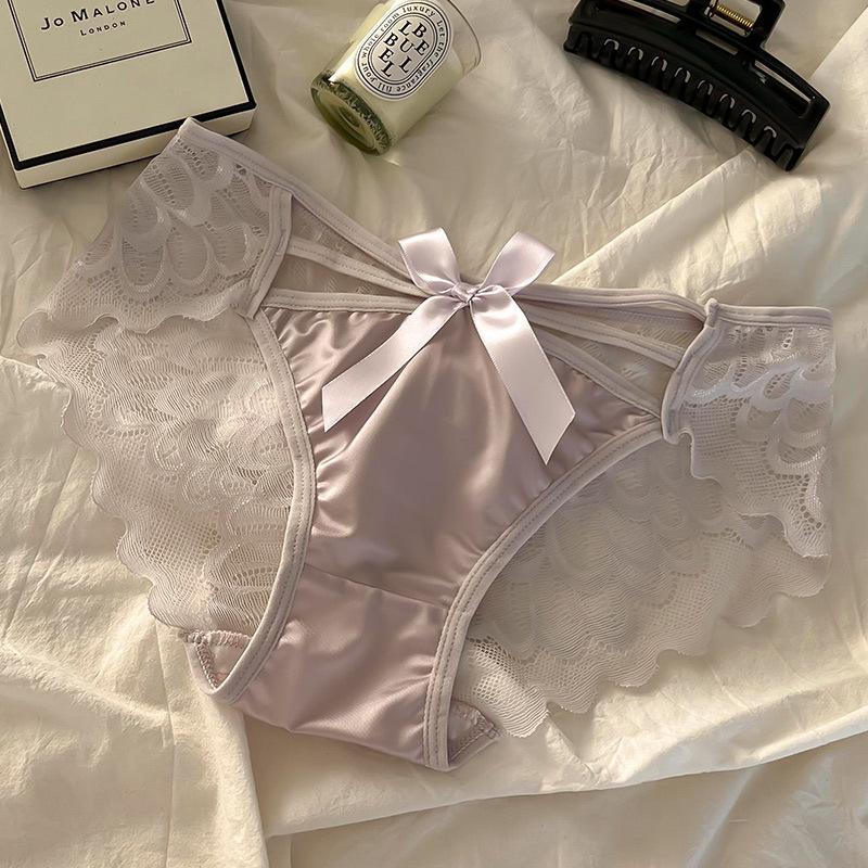 Japanese Lace Hollow-Out Mid-Waist Satin Women's Briefs - Sexy, Breathable Triangle Panties