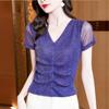 Elastic Mesh Top Summer Women's Brilliant Silk Pleated Bottom Shirt Slim Fit T-shirt for Mom