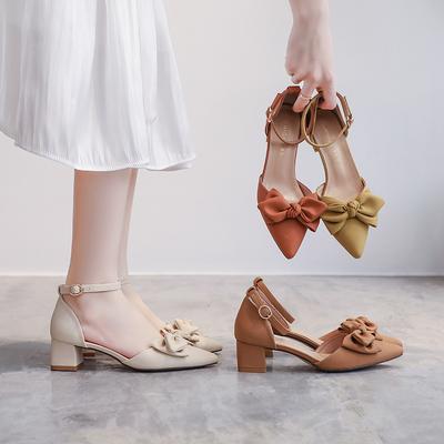 6807-33 Летние босоножки на толстом каблуке с закрытым носком, женские, с бантом, в сказочном стиле, универсальные, полые, одиночные туфли, женская обувь