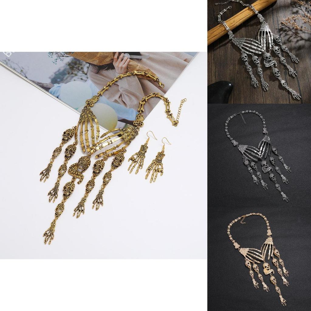 Fashion Hand Bone Women Necklace And Earring Set With Skeleton Tassel Design For Gothic Costumes