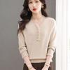 Autumn Winter Lace Patchwork Solid Color Knitting Pullover Top Women Casual Fashion V-neck Bottomed Sweater