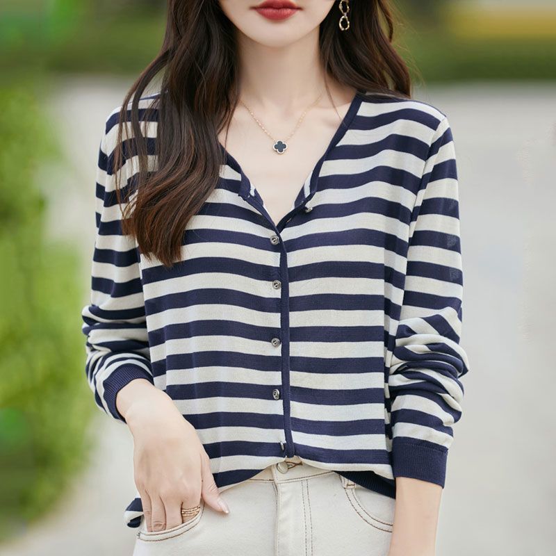 Striped Outer Cardigan Autumn New Long-sleeved Knitted Cardigan Coat Women's Sun Protection Cover-up Casual Versatile Thin