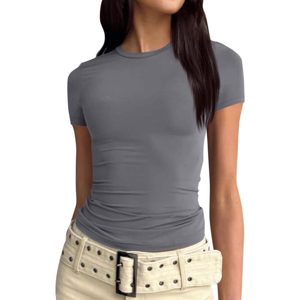 Women Short Sleeve Soild Sexy Cute Tee Slim Fit Tight Crop-Top T Shirt