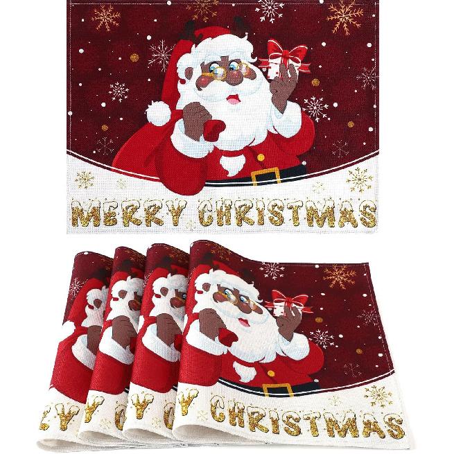 DECYOOL n n Christmas Placemats Set of 4, 12.5x17 Inch Black Santa Christmas Table Mats Merry Christmas Place Mats for Kitchen Xmas Party Winter Home