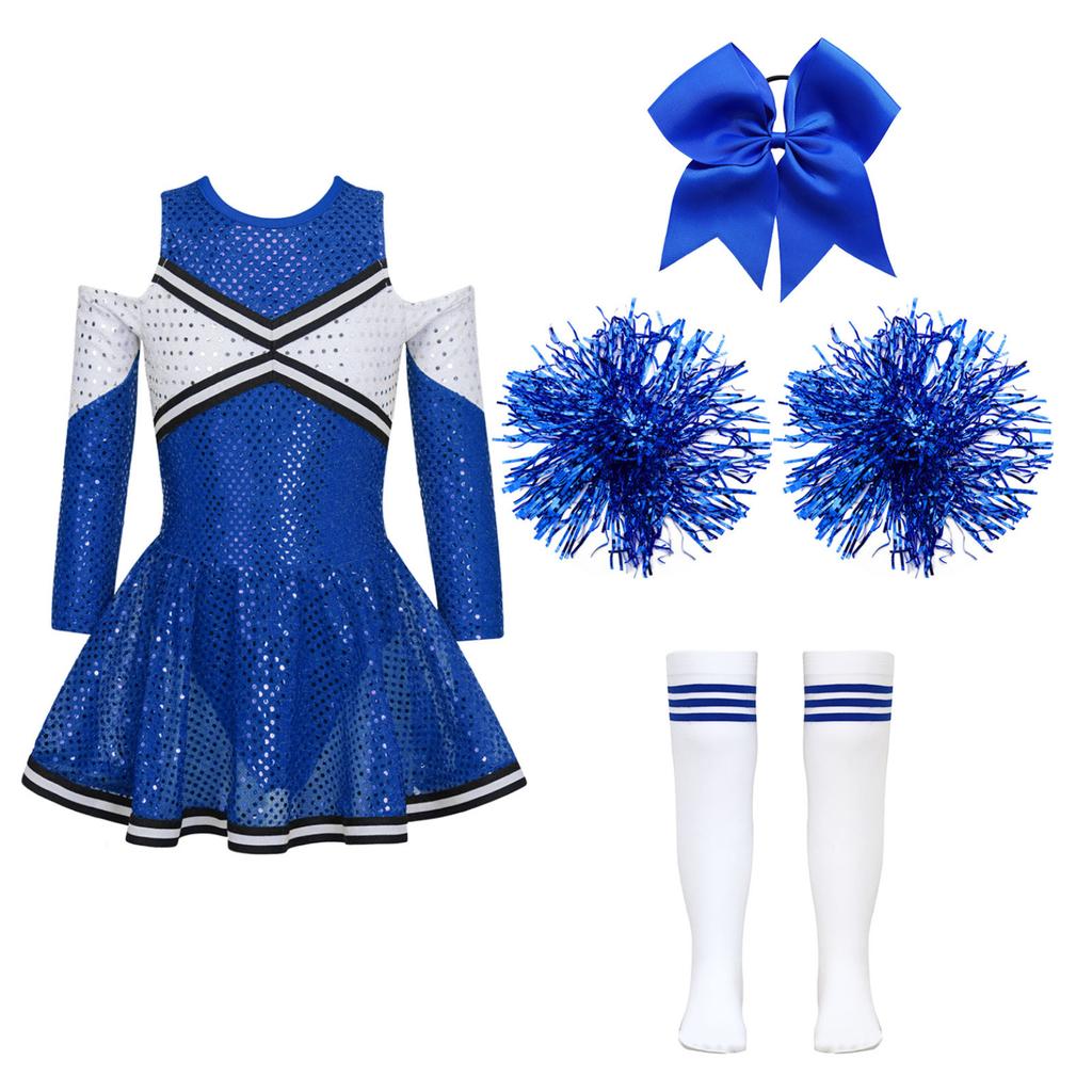 Костюм черлидинга для девочек, платье Cheer Leader с блестками и длинными рукавами, комплект с помпонами, вечеринка на Хэллоуин, день рождения