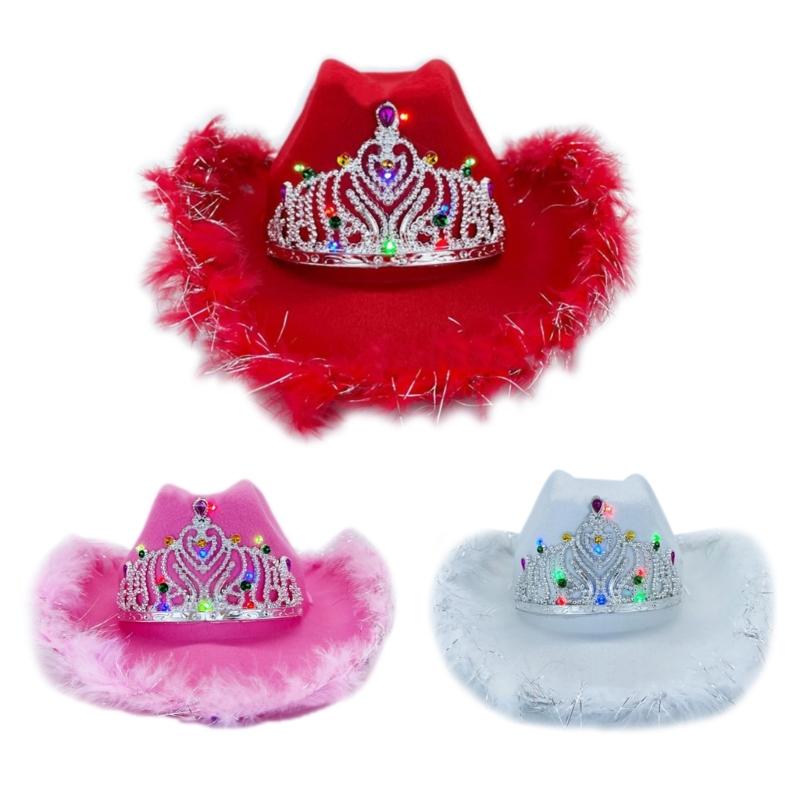 Ковбойская шляпа со стразами, в западном стиле, со светодиодной подсветкой на полях, шляпа федора из фетра, аксессуар для свадебной вечеринки