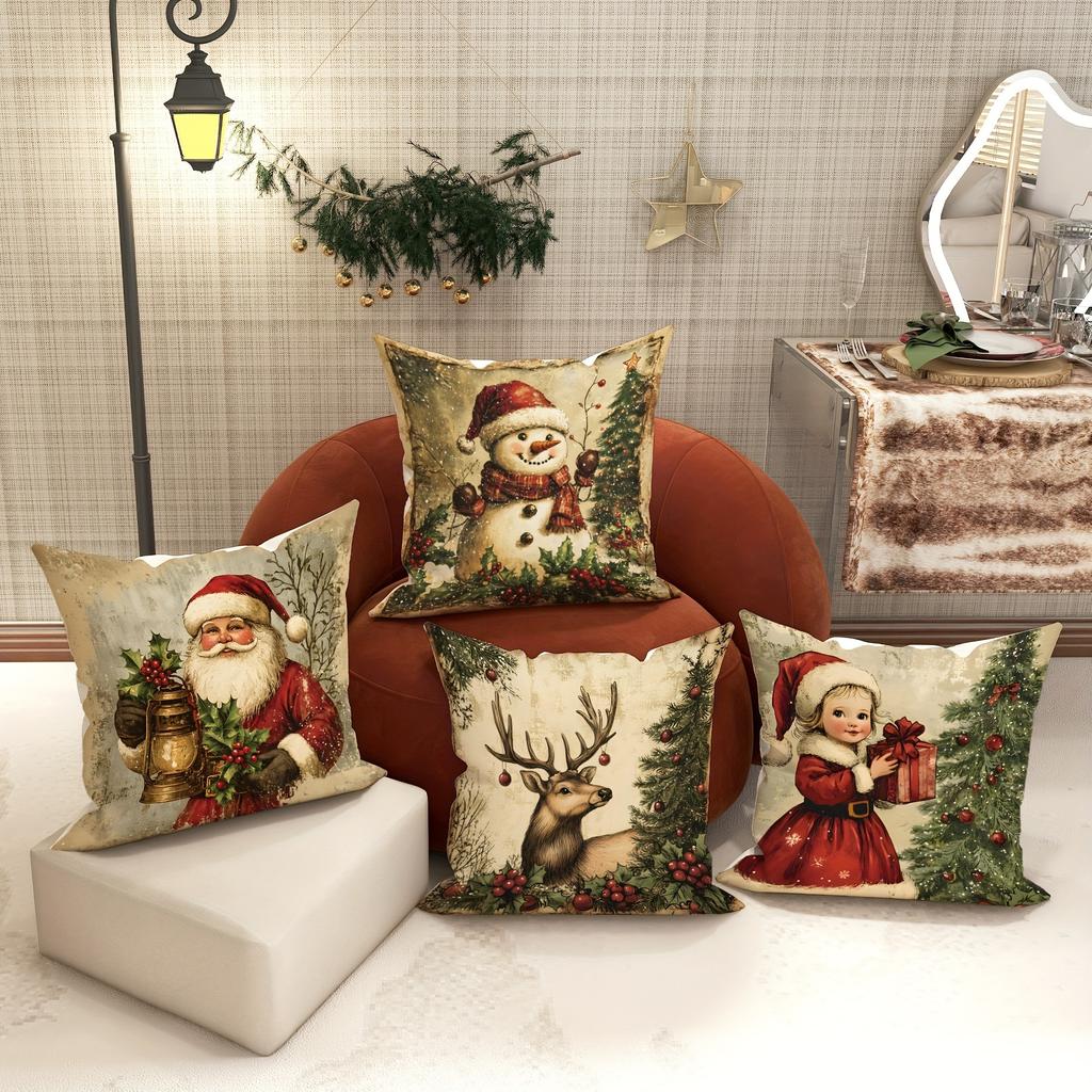 Christmas Decoration Pillowcase Retro Style Fawn Snowman Santa Claus Little Girl Pattern Suitable for Home Sofa Cushion Cover