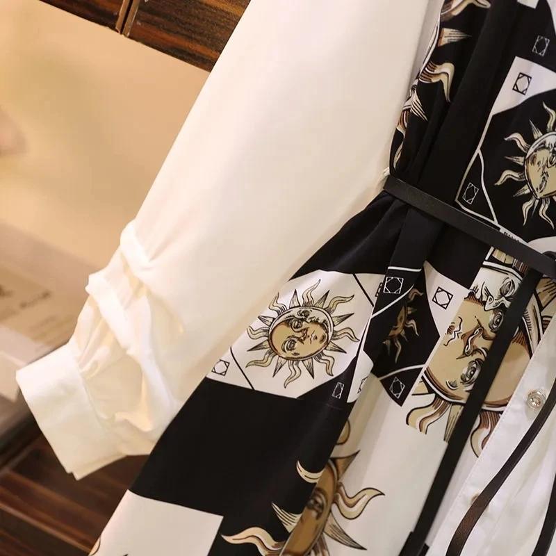 Весна-лето Женское платье А-силуэта с винтажным принтом и поясом Свободное женское платье-поло Элегантные однобортные платья длиной до колена для женщин