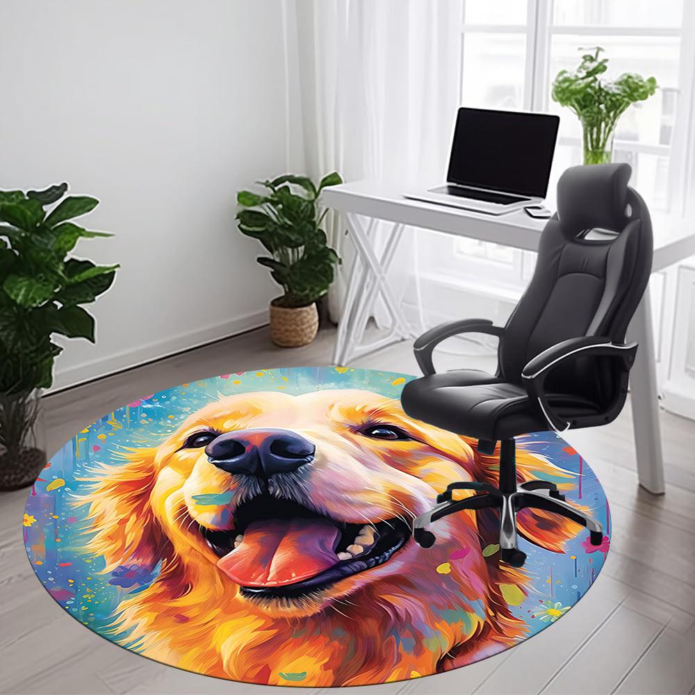 1PC Golden Retriever Artwork Office Round Area Rug,  Mat Suitable ForOffice, Under Office Chairs Bedroom Living Room Home Decor, Room Deco