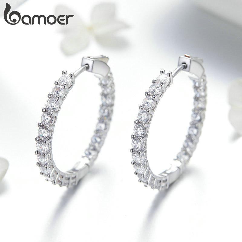 BAMOER Classic New Silver Color Round Circle Luminous Cubic Zirconia Stud Earrings