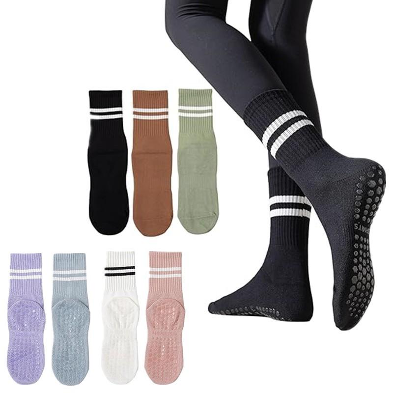 Womens Non-Slip Yoga Socks With Grip Dots Cotton-Polyester Blend Mid-Calf Length Seamless Knit Pilates Fitness