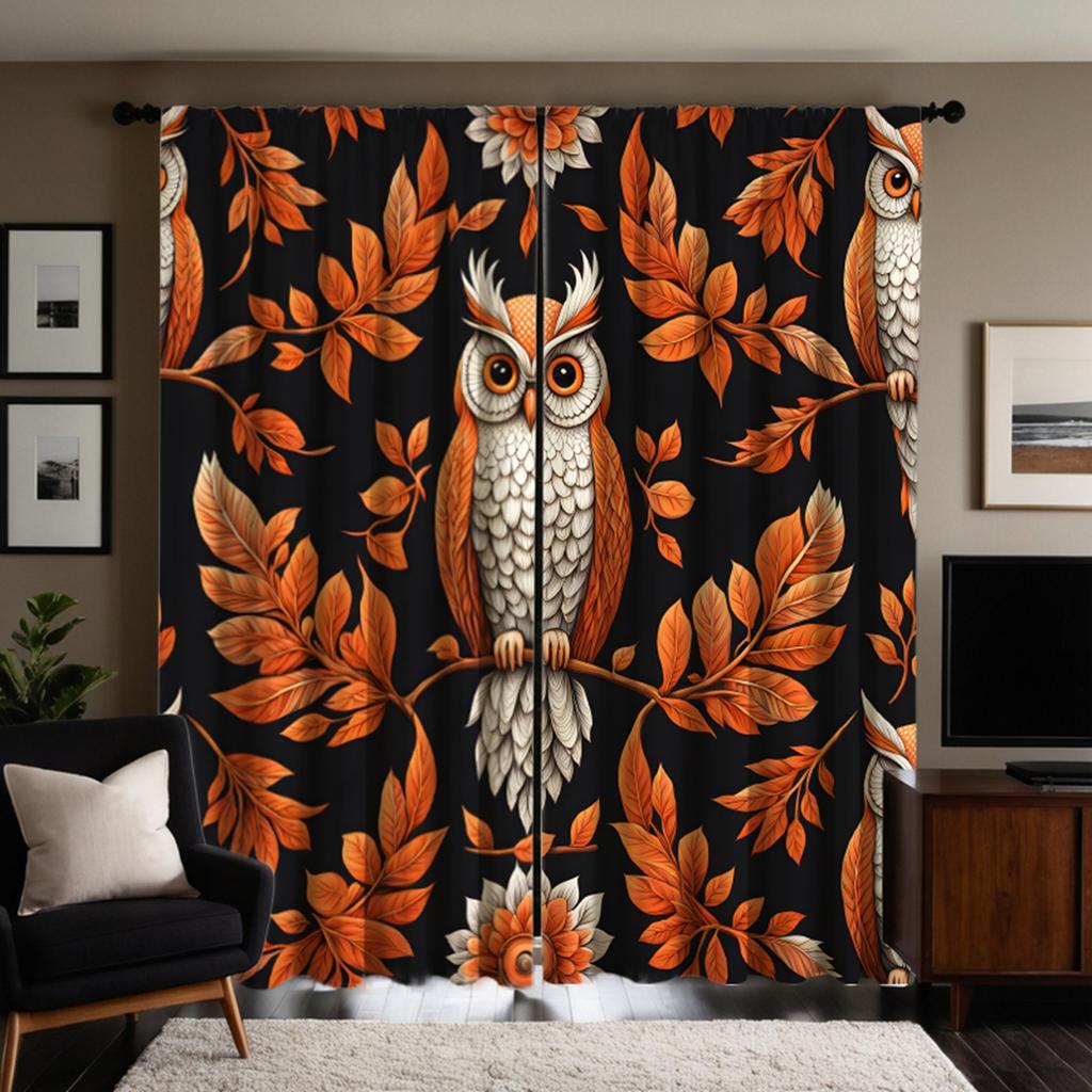 2 Pieces of Owl Decorated Curtain On HD Maple Leaf Branch Black Tie Digital Printed Curtain Home Decoration Style Decorated Livi