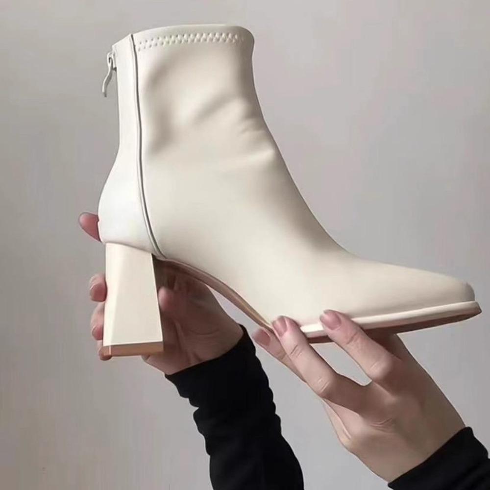 Женские Короткие Сапоги Off-White Осень Зима Новый Стиль - 7СМ Высокий Каблук Французский Стиль Стройные Сапоги, Универсальная Стильная Обувь XCY-909