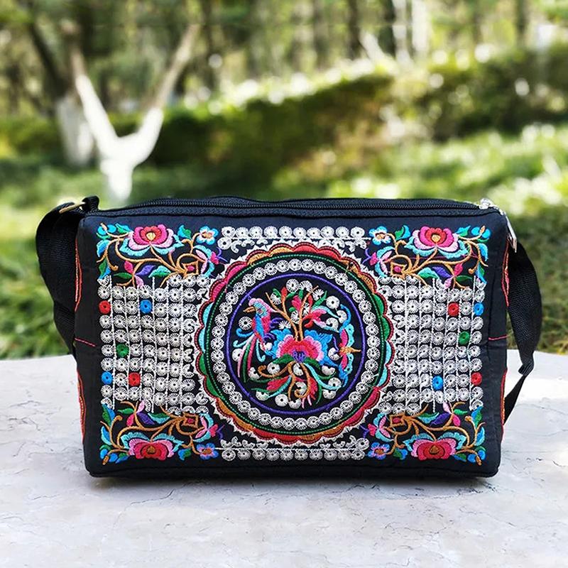 Yogodlns Сумка на плечо Юньнань, сумка с вышивкой в ​​этническом стиле, сумка через плечо, женская сумка, увеличенная тканевая сумка на три молнии, большая вместительная квадратная сумка