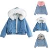 Women's Autumn/Winter Solid Colour Hooded Pocket Plush Denim Jacket Cotton Jacketet