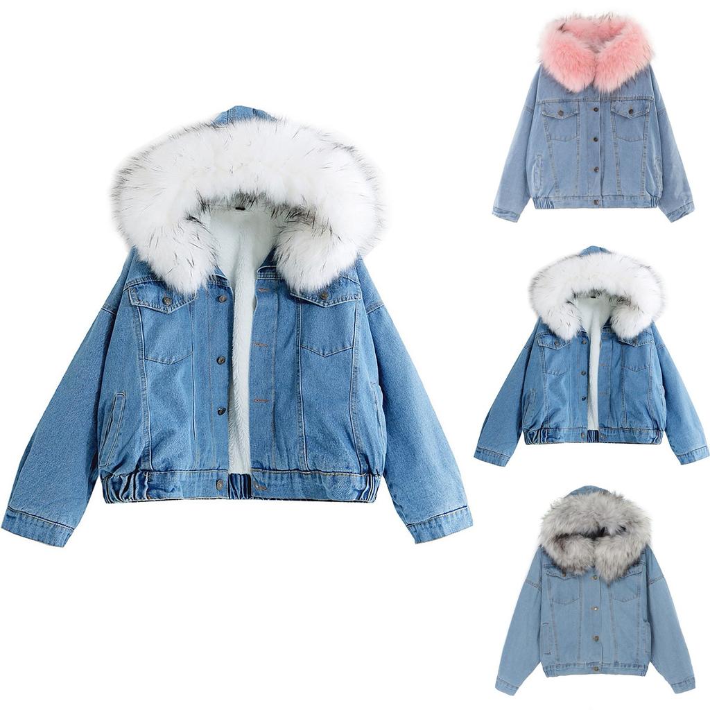 Women's Autumn/Winter Solid Colour Hooded Pocket Plush Denim Jacket Cotton Jacketet
