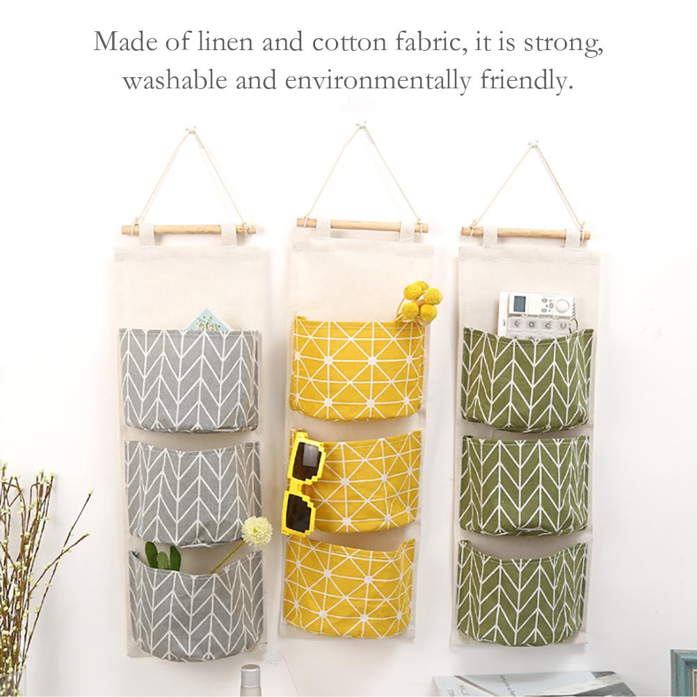 3 Pockets Hanging Storage Bag Over Door Hanging Closet Organizer Linen Cotton Waterproof Storage