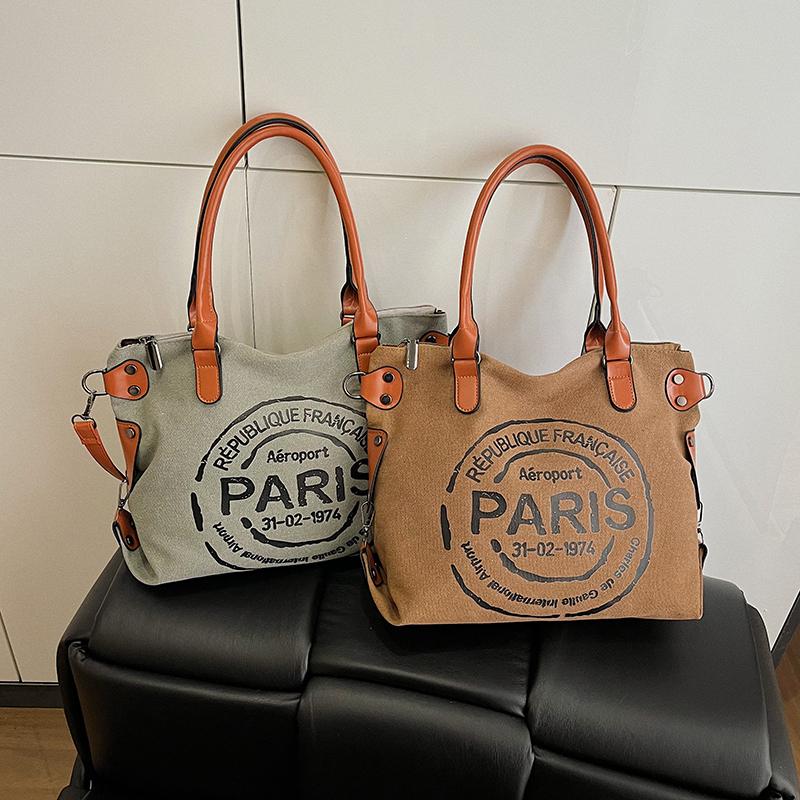 Большая сумка-тоут из ретро-холща - регулируемый плечевой ремень с принтом винтажных парижских штампов - стильная сумка через плечо для женщин
