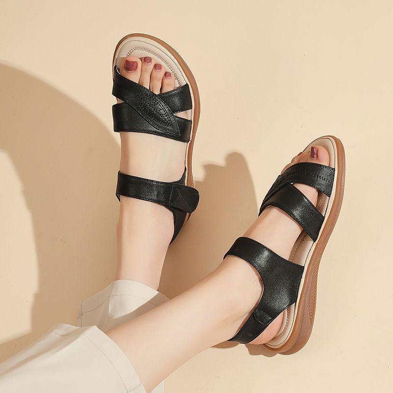 Real Soft Leather Beef Tendon Soft Bottom Summer Flat Bottom Low Heel Comfortable Fashion Versatile Wear Mother Sandals