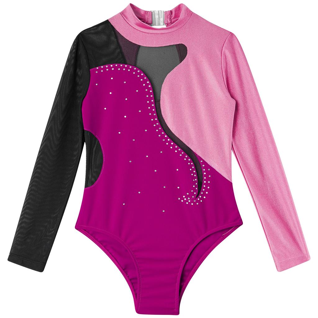 Детский комбинезон с круглым воротником и длинными рукавами для девочек, блестящий декор со стразами и открытой спиной, купальник для балета и танцев, комбинезон для катания на коньках