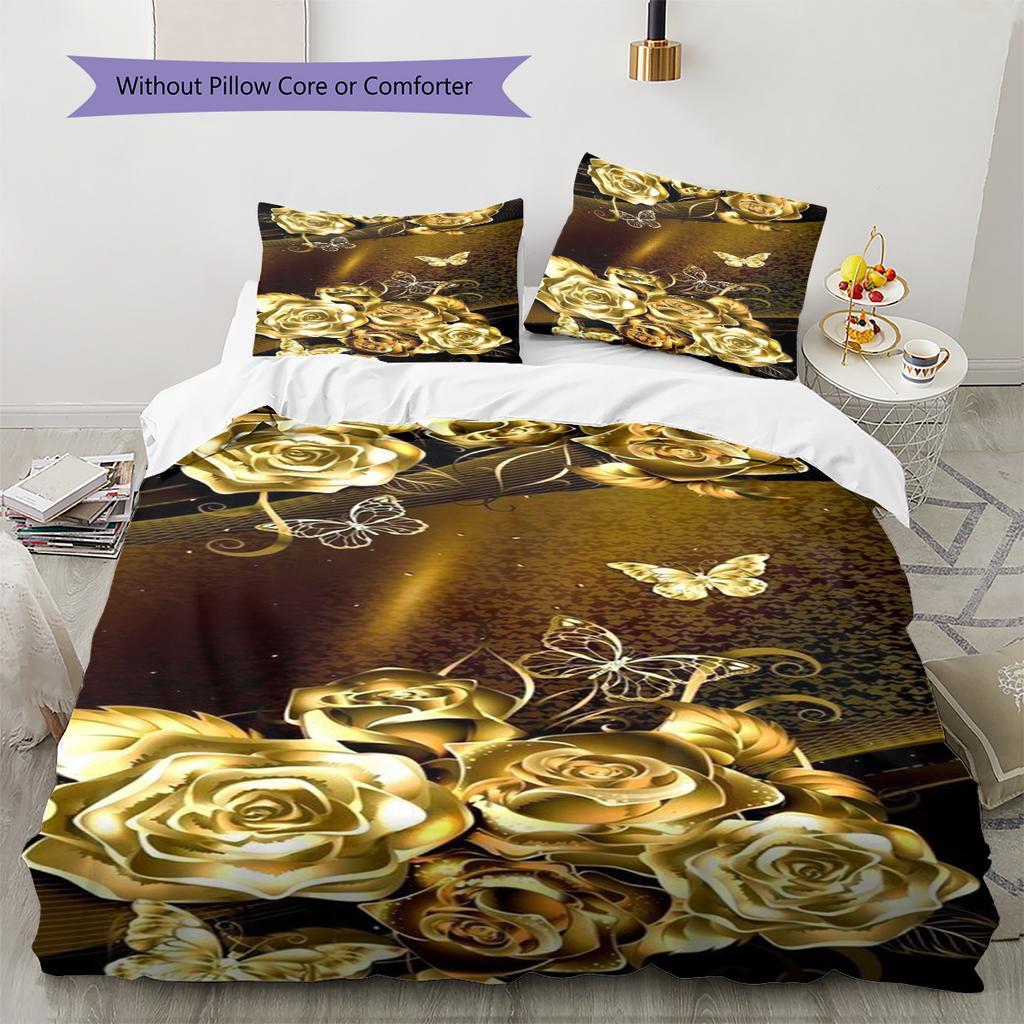 Golden Flower Pattern Bedding Quilt Set Quilt Cover Pillowcase Home Decoration Gift (1 * duvet cover + 2 * pillowcase, without core)