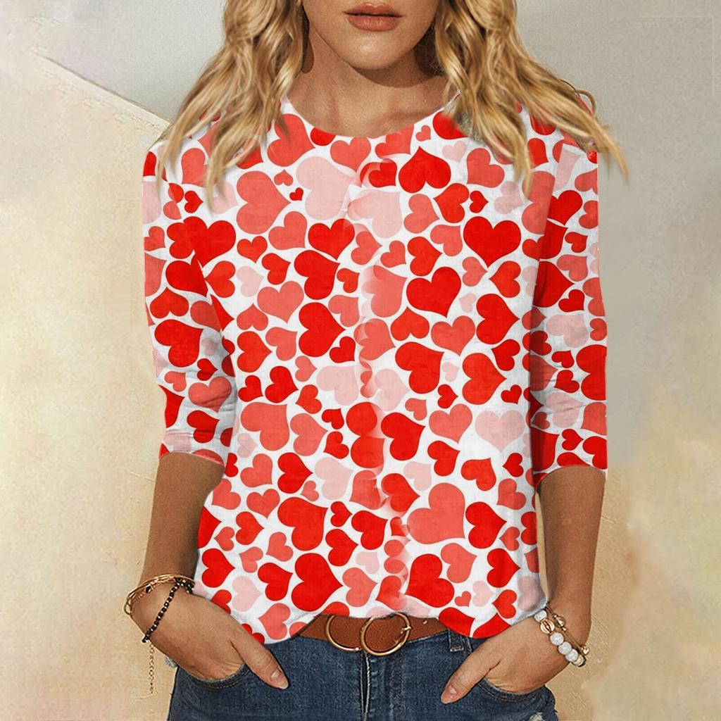 Женская мода, повседневная свободная футболка с принтом на День святого Валентина и круглым вырезом, рукав 3/4, женский топ