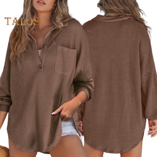 Женские топы с пуговицами на лацканах, с полузастежкой, с длинным рукавом, однотонные, с вафельной текстурой, эластичная блузка, повседневная одежда