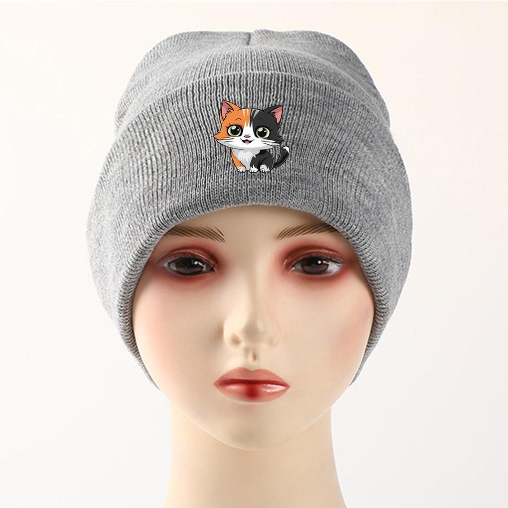 Cat Print Knitted Cap Beanie, Animal Woman Cap Lightweight Thermal Sporting Headwear Knit Hat Beanie
