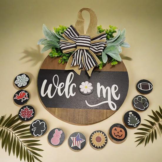 Деревянный приветственный знак, деревенский круглый дверной знак со сменными аксессуарами, венок, приветствие