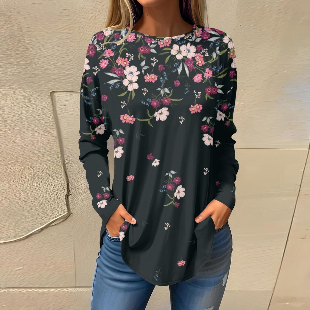 Женская свободная футболка с длинным рукавом с круглым вырезом и принтом, верхний пуловер