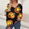 Женские топы с принтом на Хэллоуин, рубашка с длинным рукавом, V-образный вырез, повседневная свободная футболка, осенняя одежда