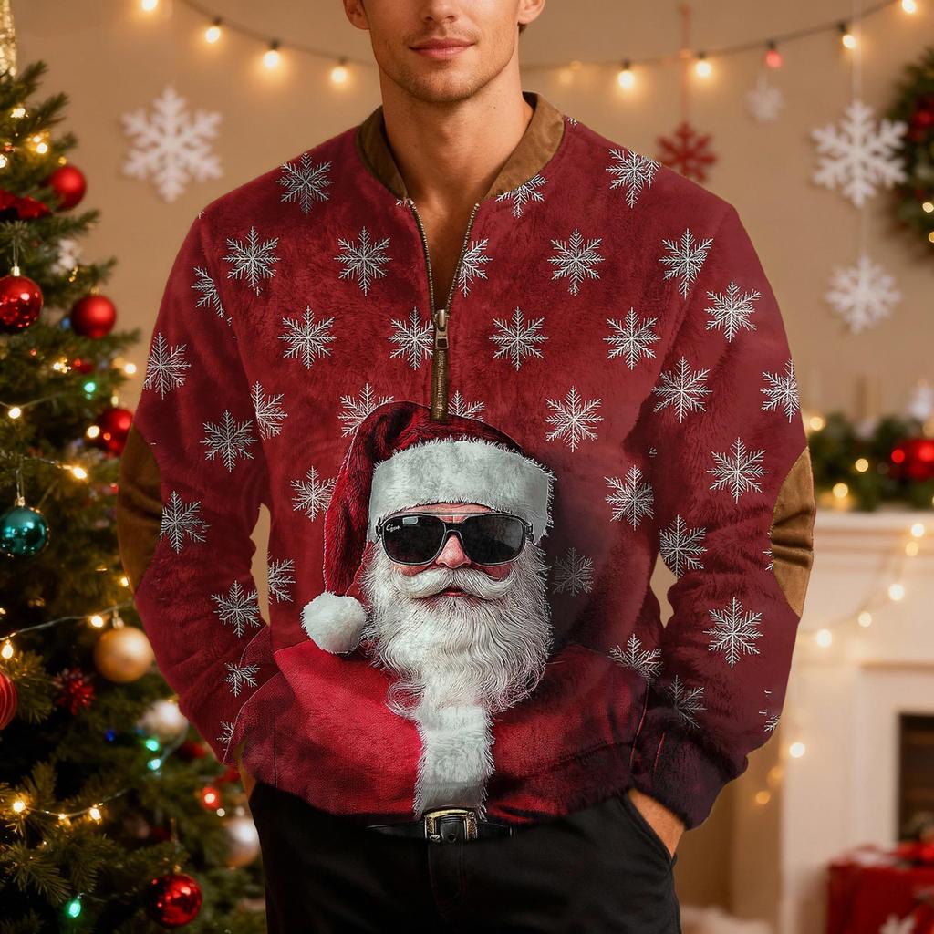 Мужской рождественский свитер на молнии, винтажный вязаный графический свитшот, рождественский пуловер со стойкой