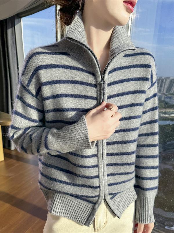 Women's Striped High Collar Double Zipper Sweater - Autumn/Winter Color Block Long Sleeve Top