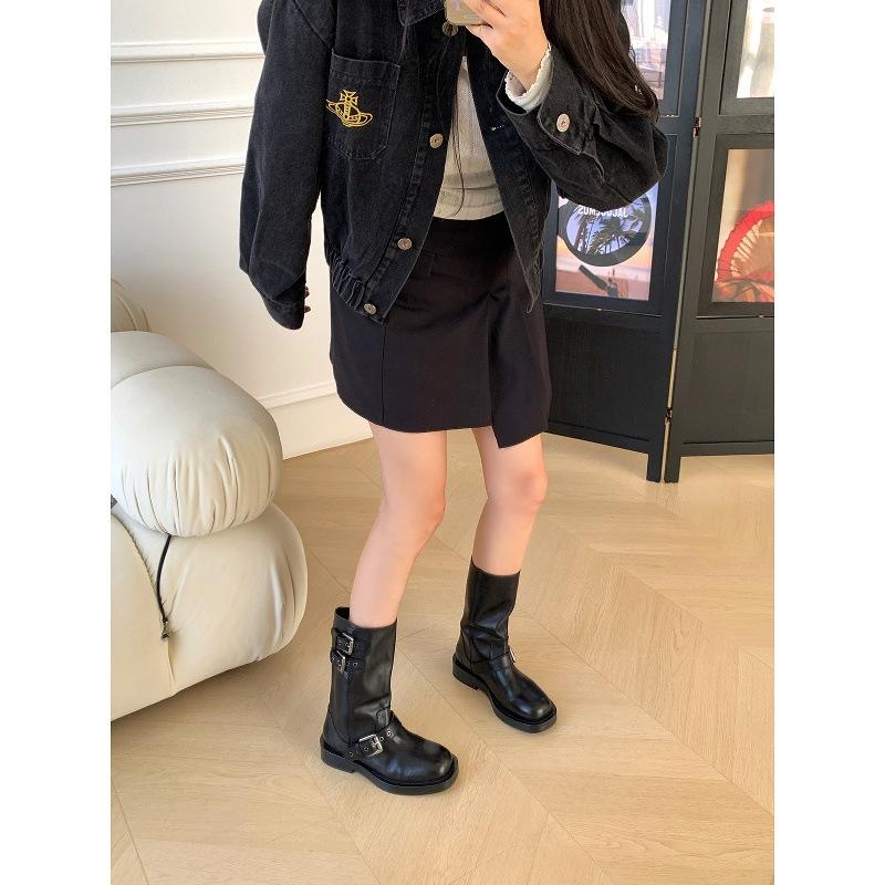 Версия из коровьей кожи, вымытая лошадиная кожа, сигаретные ботинки, тонкая пряжка, короткие ботинки, женские ботинки на высокой толстой подошве, весенне-осенние рыцарские ботинки