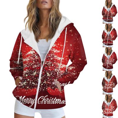 Женская рождественская печатная толстовка осень-зима с длинным рукавом кардиган куртка с карманами на молнии толстовка с капюшоном верхняя одежда