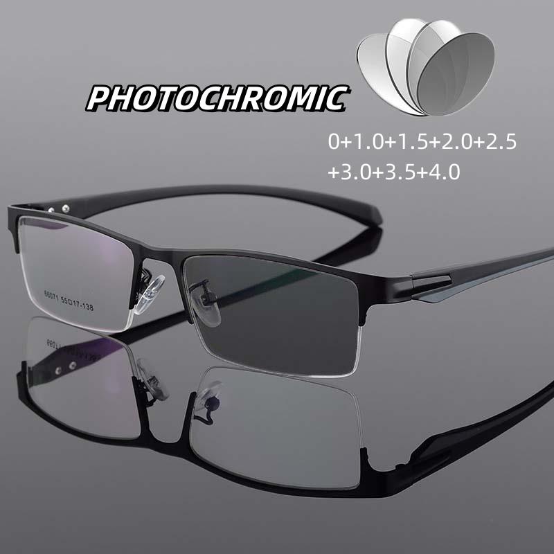 Mens Photochromic Reading Glasses Business Eyewear Color Changing Far Sight High Definition Presbyopia Eyeglasses