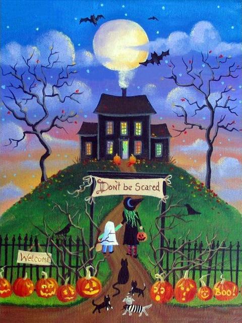 5D Diy Алмазная картина Хэллоуин Дом Пейзаж Алмазная вышивка Мультфильм Ведьма Картина Стразами Дом Мозаика Настенный декор