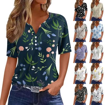 Жен. Футболка Футболка С принтом Пуговицы С короткими рукавами Повседневные Выходные Мода Классический V-образный вырез Обычный Верх