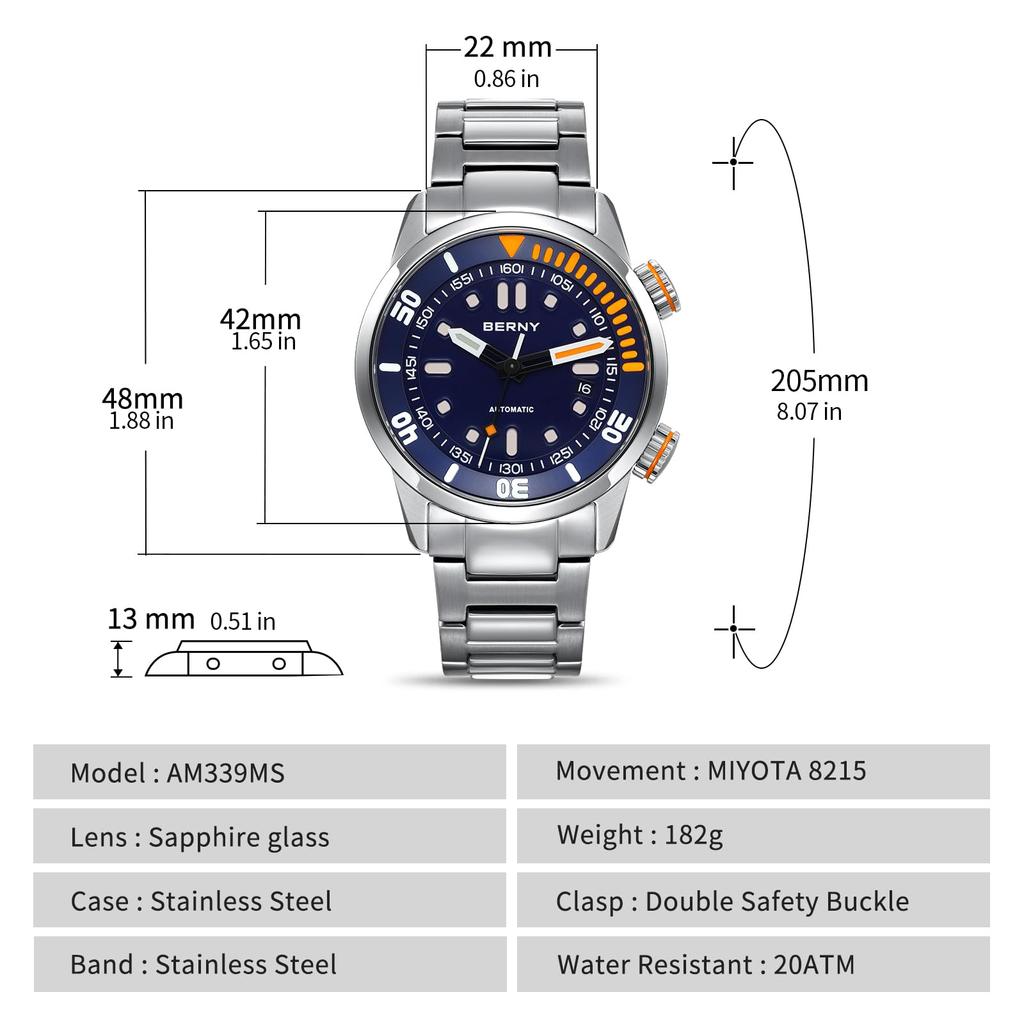 BERNY Watch Mechanical Watch Hand Wind Watch Automatic Watch 200m Diving Watch HV600 Hardness Sapphire Glass Durable Stainless Steel Band Ultra