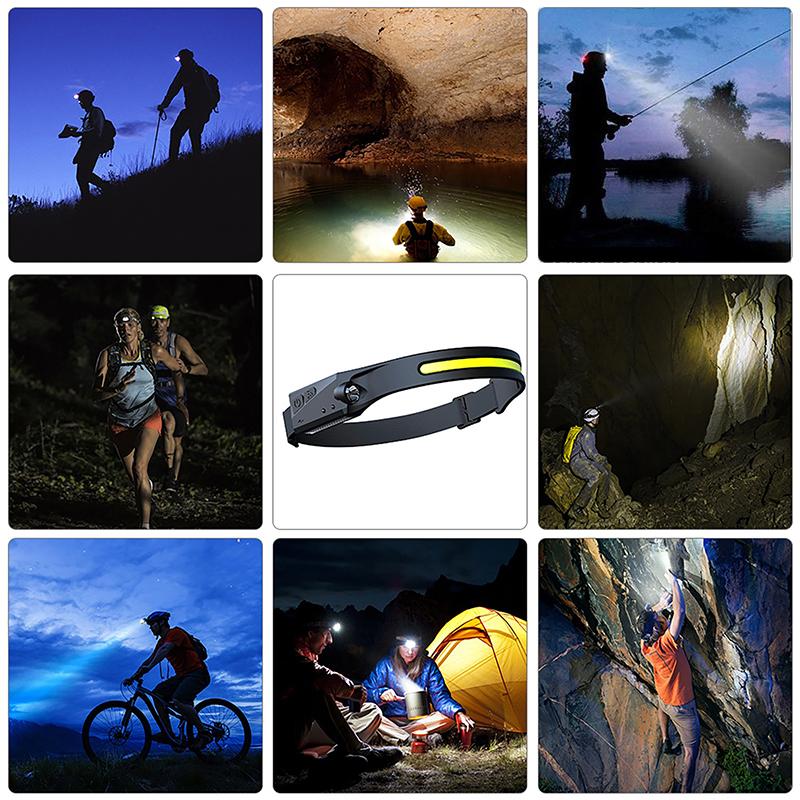 LED Headlamp Headlight Band USB Rechargeable Outdoor Work Light Induction Switch