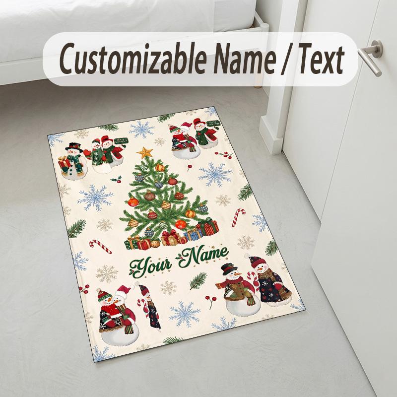 Christmas Theme Crystal Velvet Rug Personalized Custom Name Text Soft Floor Mat Home Decor