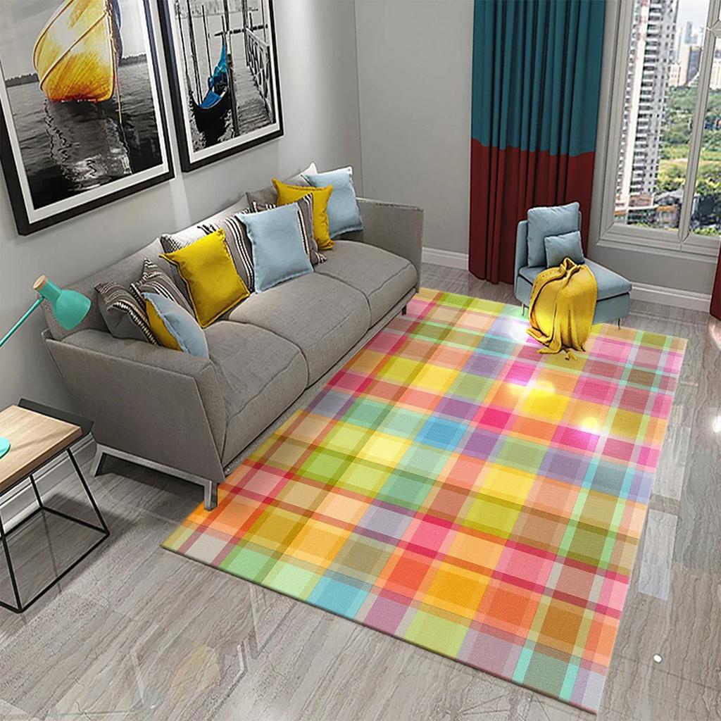 3D Retro Colorful Plaid Lines Carpet Colour Geometry Ethnic Style Rugs for Living Room Bedroom Decor Area Rugs Kitchen Floor Mat