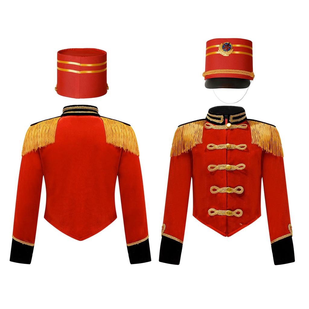 Boys Girls Drum Major Team Uniform Nutcrackers Costume Set Marching Band Tassel Jacket Coat Hat Outfits for Drummer Performance