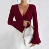 2025 new women's European and American V-neck flared sleeve burgundy T-shirt autumn and winter slim-fit bottoming shirt top