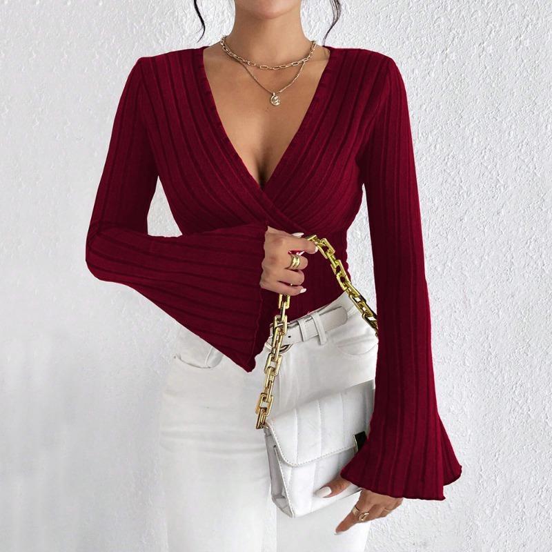 2025 new women's European and American V-neck flared sleeve burgundy T-shirt autumn and winter slim-fit bottoming shirt top
