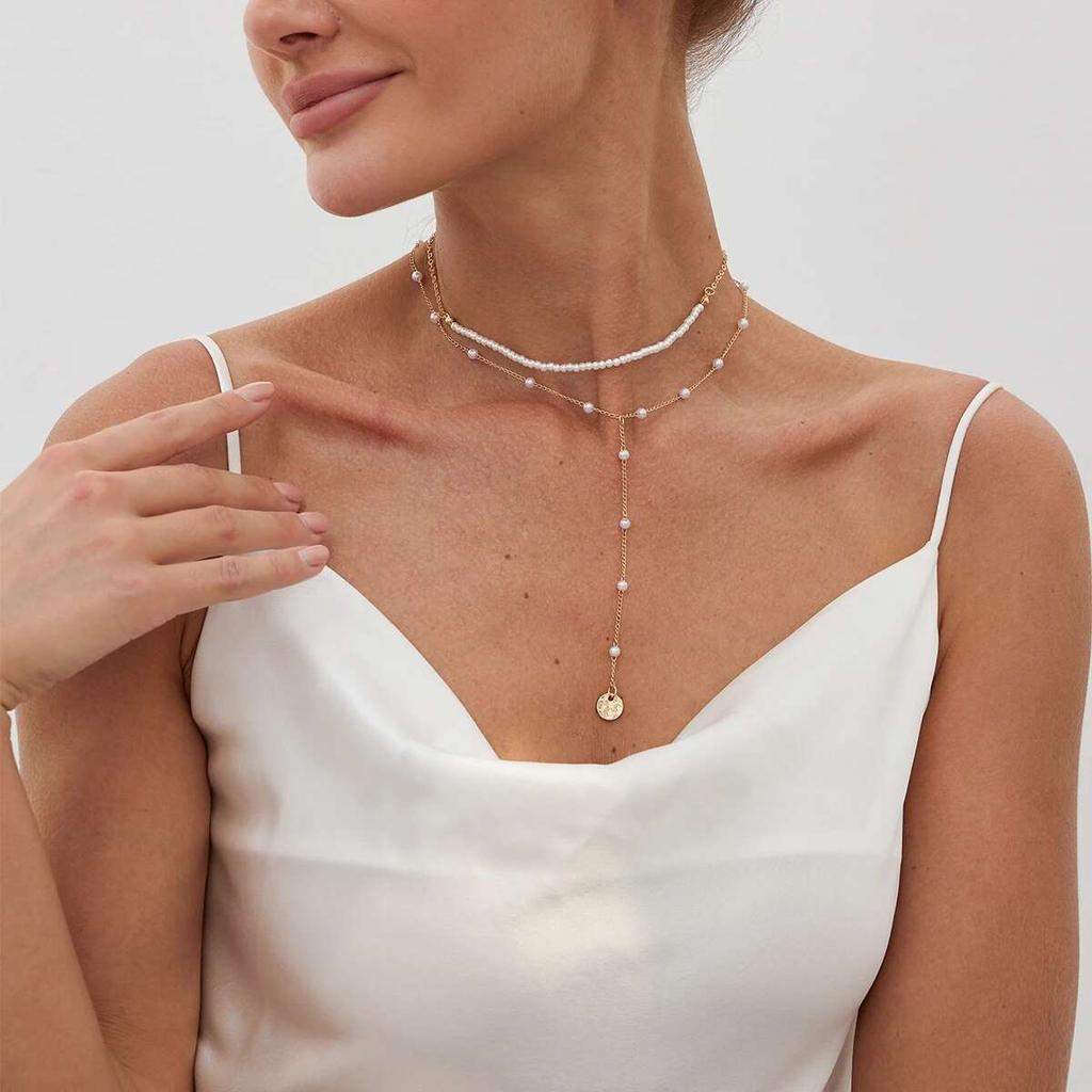 Ingemark 2Pcs/Set Minimalist Imitation Pearl Chain Necklace for Women Collar Trend Vintage Sequin Pendant Choker Party Jewelry