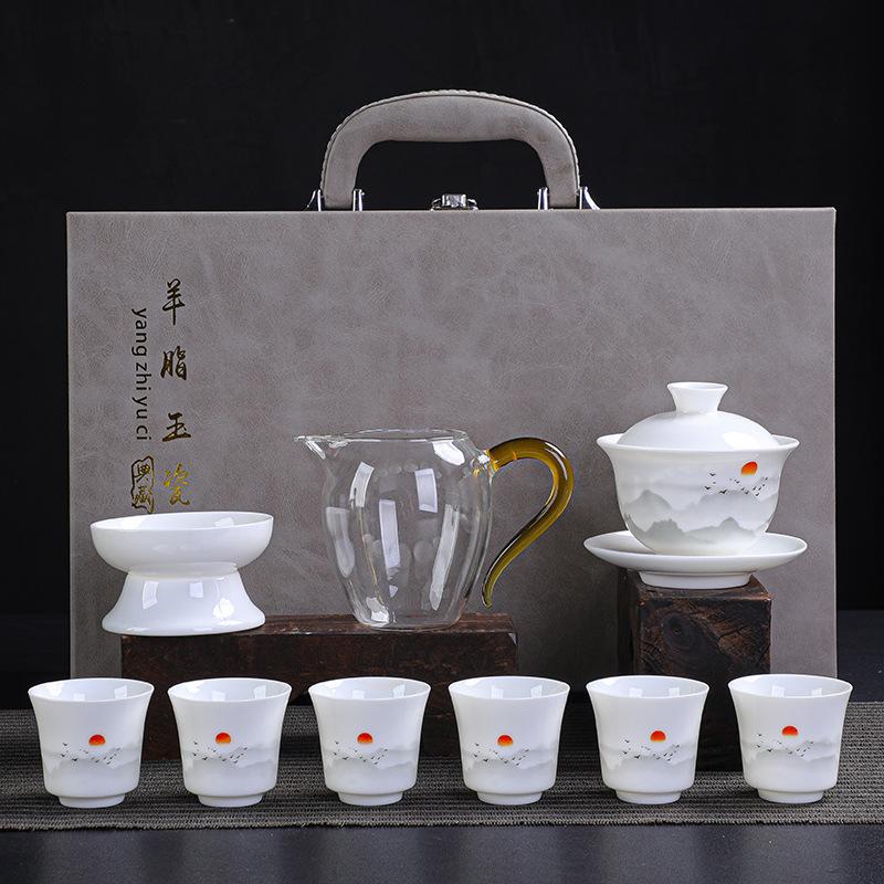 Ceramic white suet jade porcelain kung fu tea set business company high-end gifts can be made